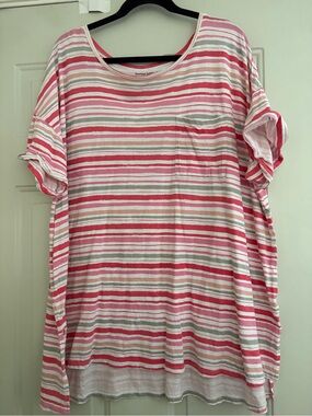 Woman Within Pink, Light Gray & White Striped Tee